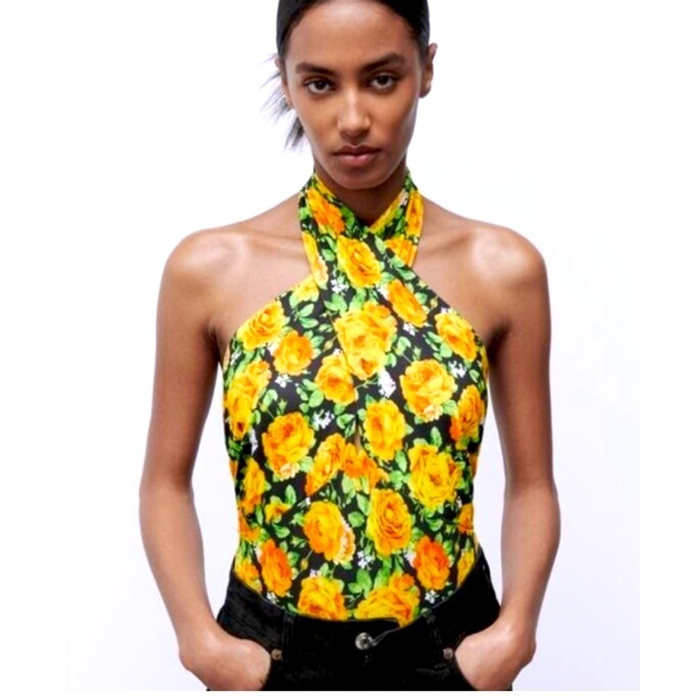 NEW Zara Floral Twist Halter Neck Bodysuit Size S